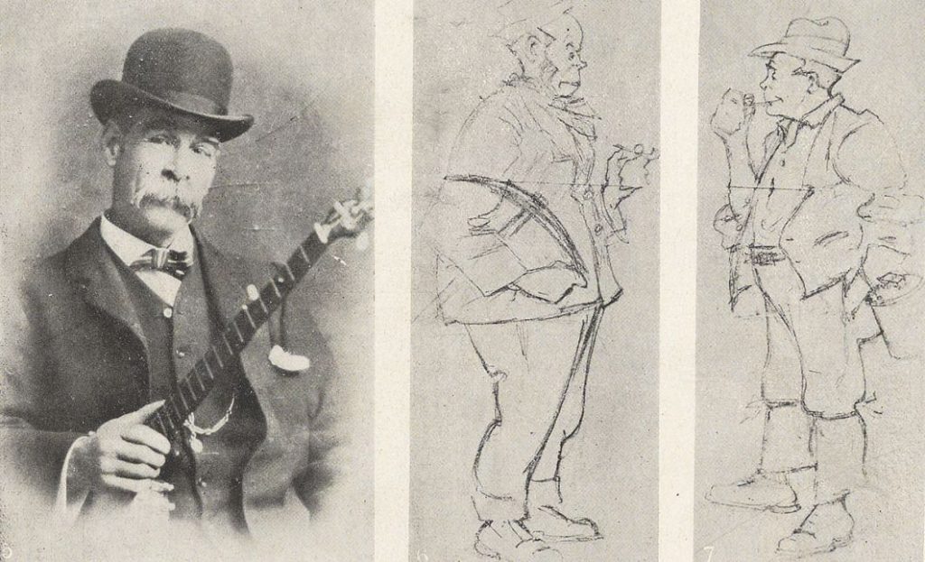 A black and white photo of a man holding a banjo. and 2 sketches of men smoking pipes