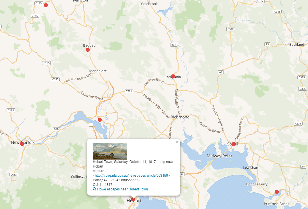 A screenshot of a map of the southern Tasmania area with points of interest showing locations of the Michael Howe gang.