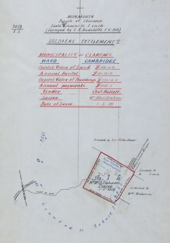 A settlement plan for William albert Graham. A map on the bottom shows a plot of land. Text at the top reads: “Monmouth parish of clarence. Scale 20 chains to 1 inch. Surveyed by C. E. Radcliffe 5.6.1919. Soldiers settlement. Municipality of Clarence. Ward Cambridge. Capital value land 1198 pounds. Annual rental 59 pounds. Capital value of buildings 275 pounds. Annual payments 21 pounds. Vendor Chas Hallett. Lessee William Albert Graham. Date of lease 1.5.19.