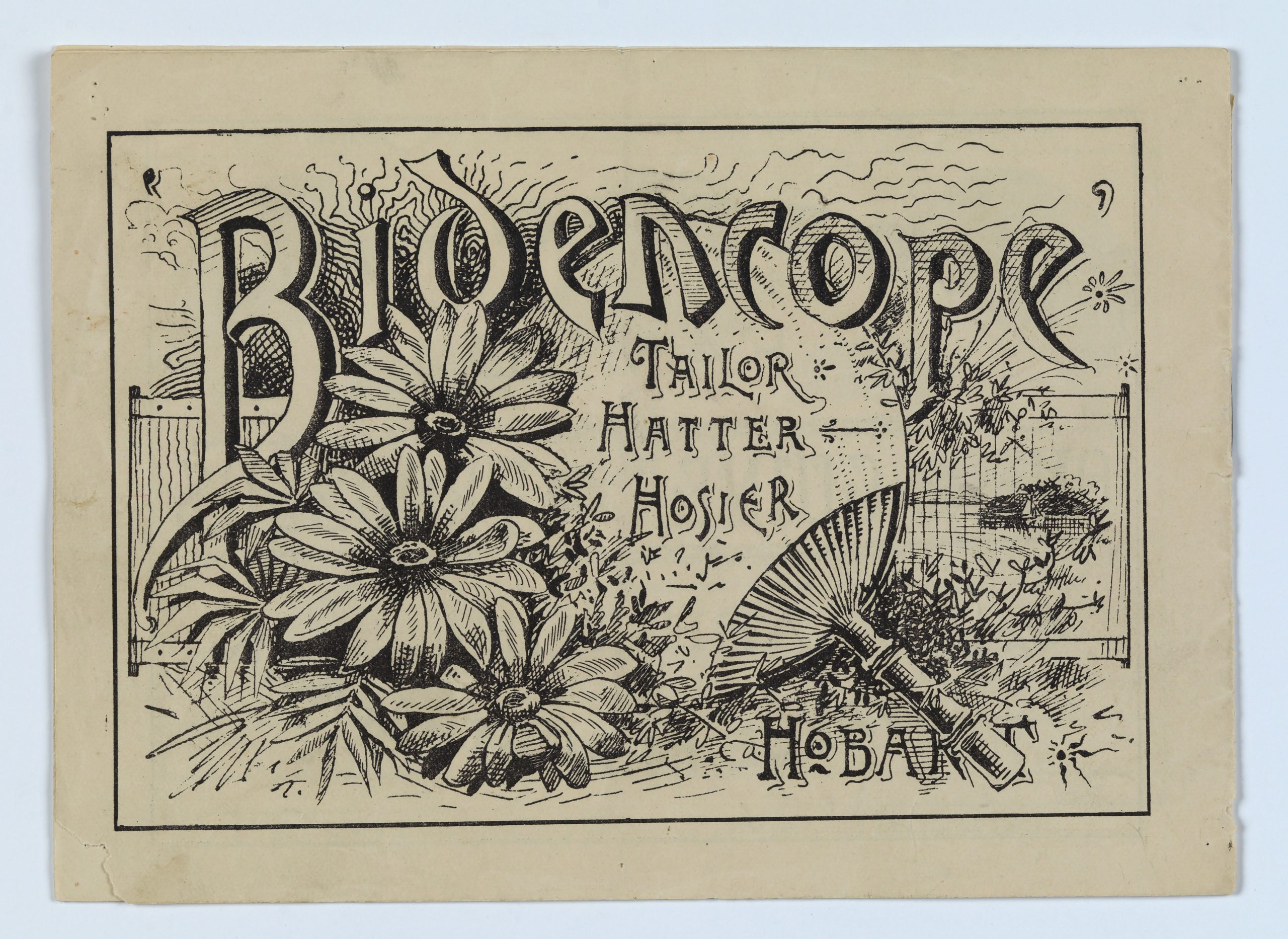 The cover of an old Bindencope catalogue: between 1890 and 1899. It reads: Bidencope. Tailor Hatter Hosier Hobart