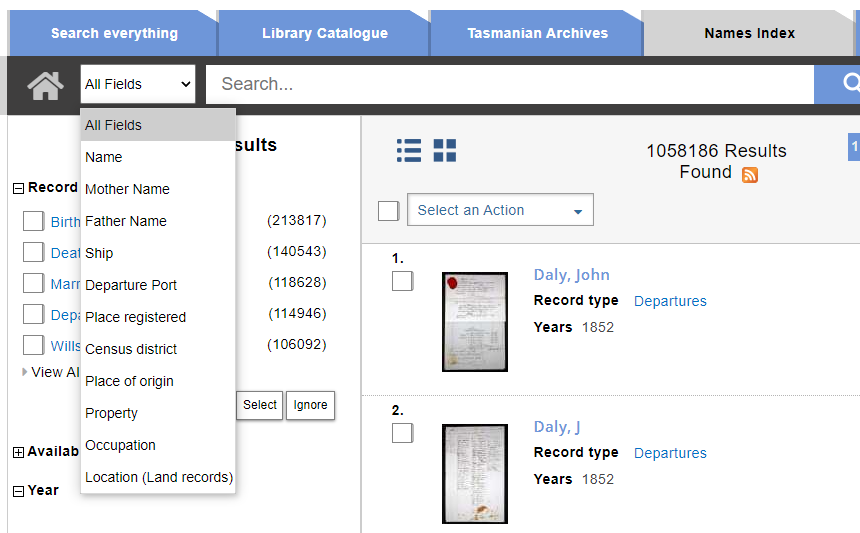 In the name index tab, expand the All Fields drop-down list and select an entry