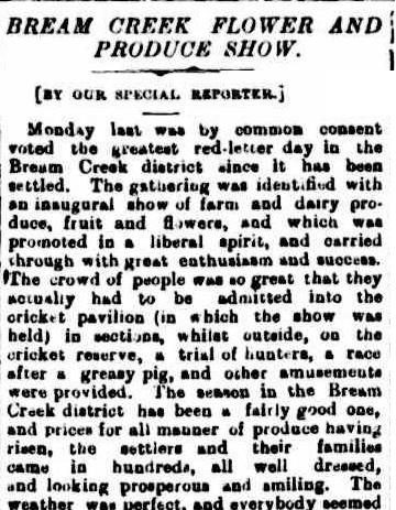 A newspaper snippet. It reads: " Bream creek flower and produce show
[by our special reporter]
Monday last was by common consent voted the greatest re-letter day in the Bream Creek district since it has been settled. The gathering was identified with an inaugural show of farm and dairy produce, fruit and flowers, and carried through with great enthusiasm and success. The crowd of people was so great that they actually had to be admitted into the cricket pavilion (in which the show was held) in sections, whilst outside, on the cricket reserve, a trial of hunters, a race after a greasy pig, and other amusements were provided. The sermon in the Bream Creek district has been a fairly good one, and prices for all manner of produce having risen, the settlers and their families cam in hundreds, all well dressed, and looking prosperous and smiling. The weather was perfect.”
