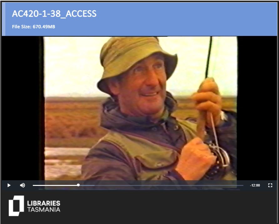 A still image from an old promotional film. A man holds a fishing rod. Text at the top of the image reads: "AC420-1-38 Access. File Size 670.49MB"